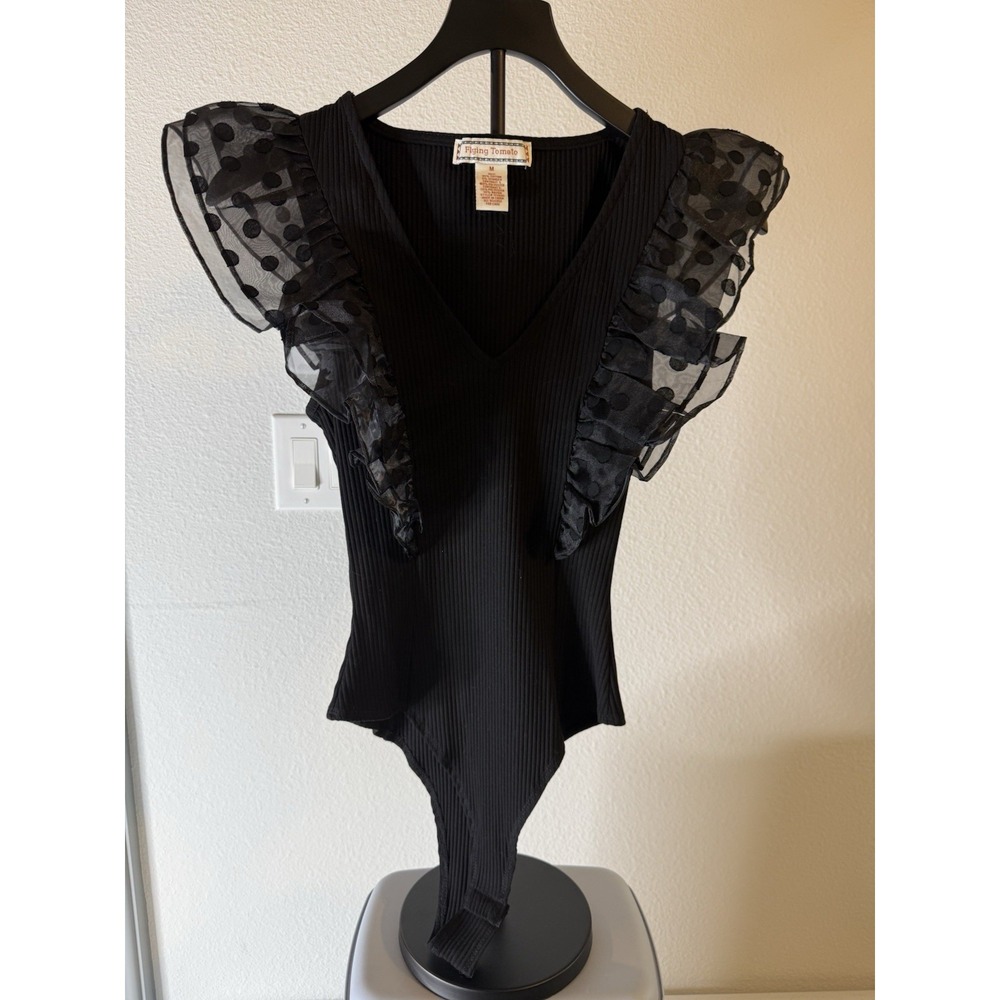 Flying Tomato Women's Bodysuit Ruffled Polka Dot Sleeve Black Size M